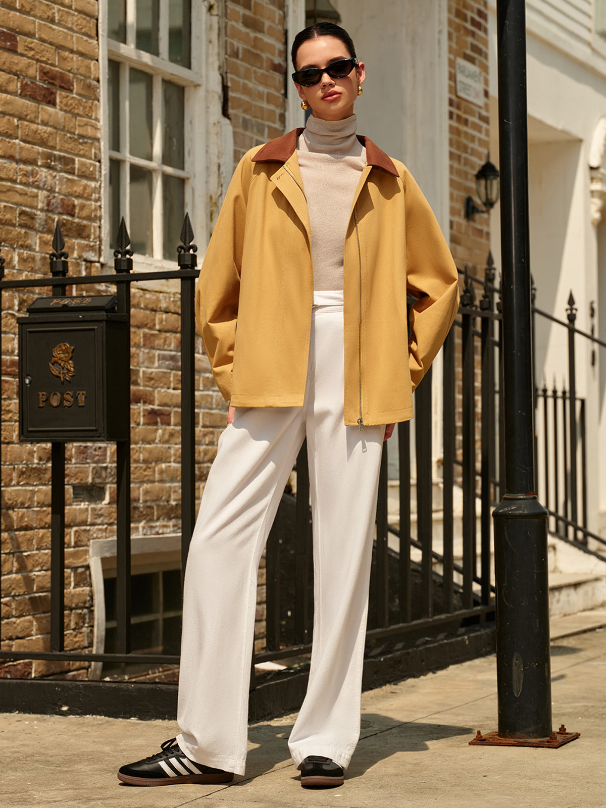 Contrast Collar Pleated Zipper Trench Coat-Massicos