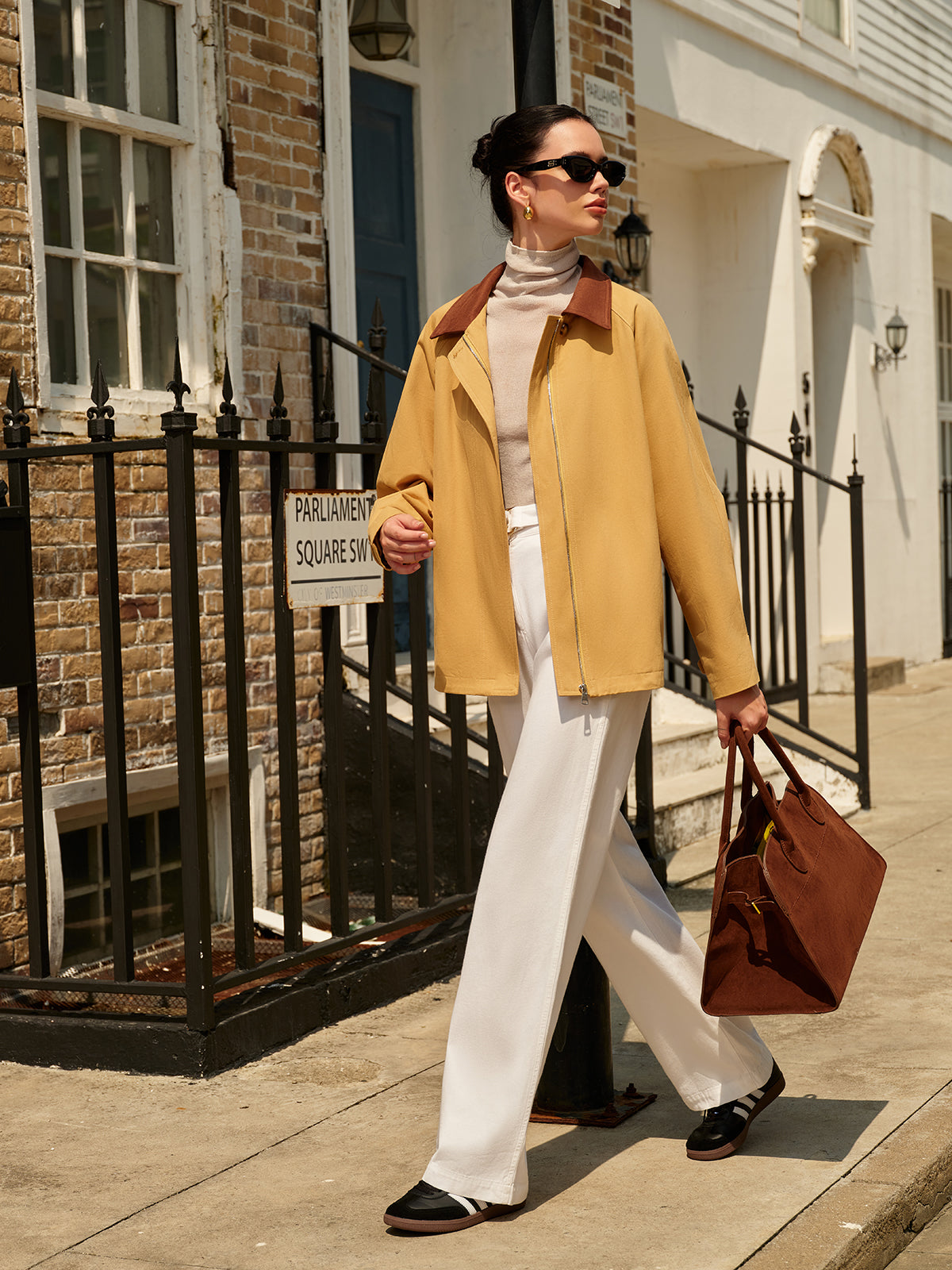 Contrast Collar Pleated Zipper Trench Coat-Massicos