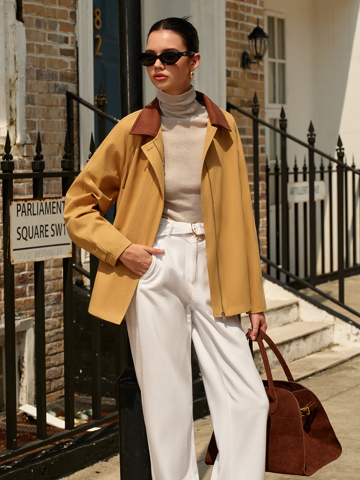 Contrast Collar Pleated Zipper Trench Coat-Massicos