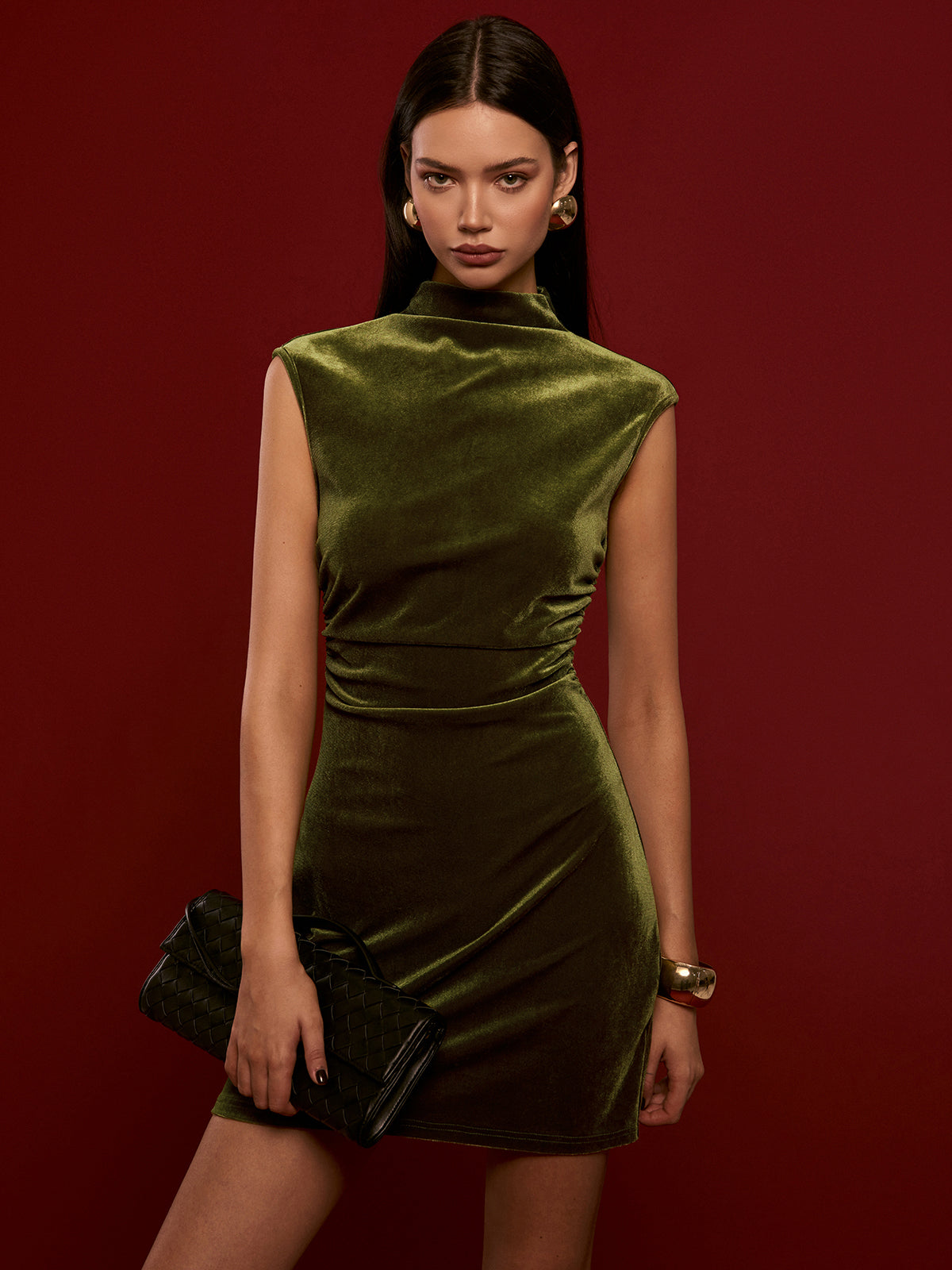 Mock Neck Sleeveless Velvet Dress-Massicos