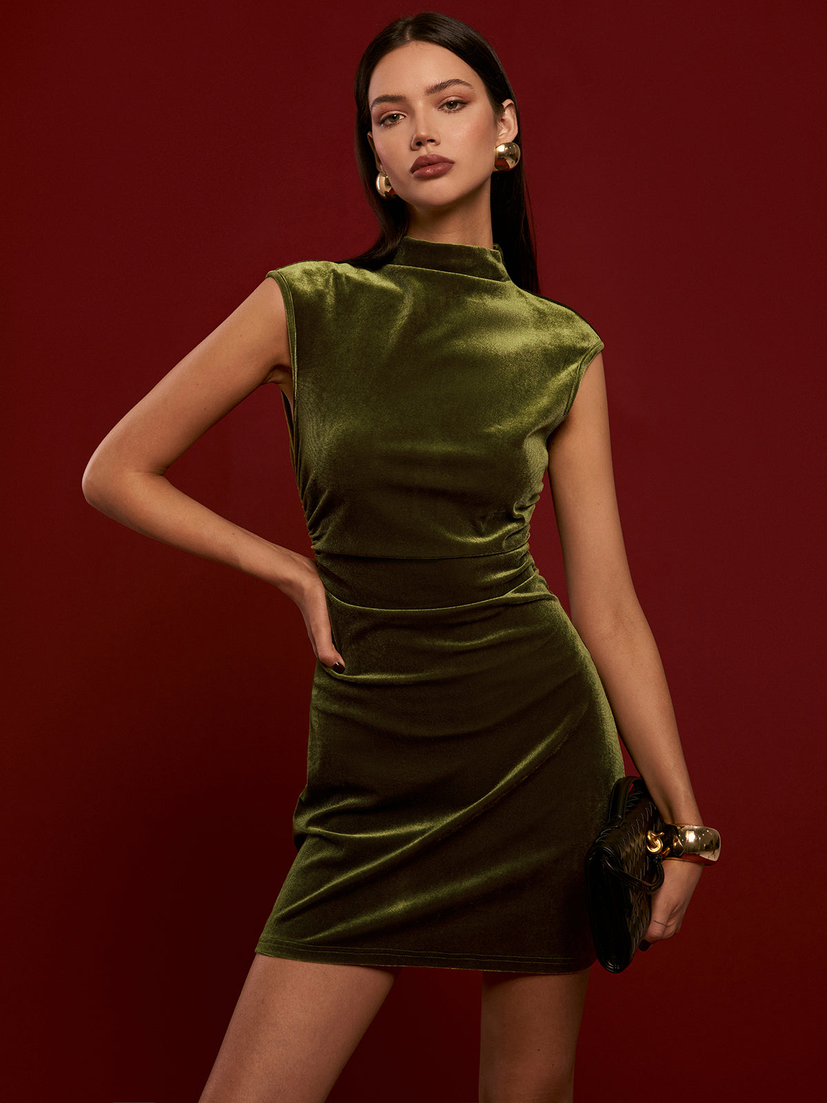 Mock Neck Sleeveless Velvet Dress-Massicos