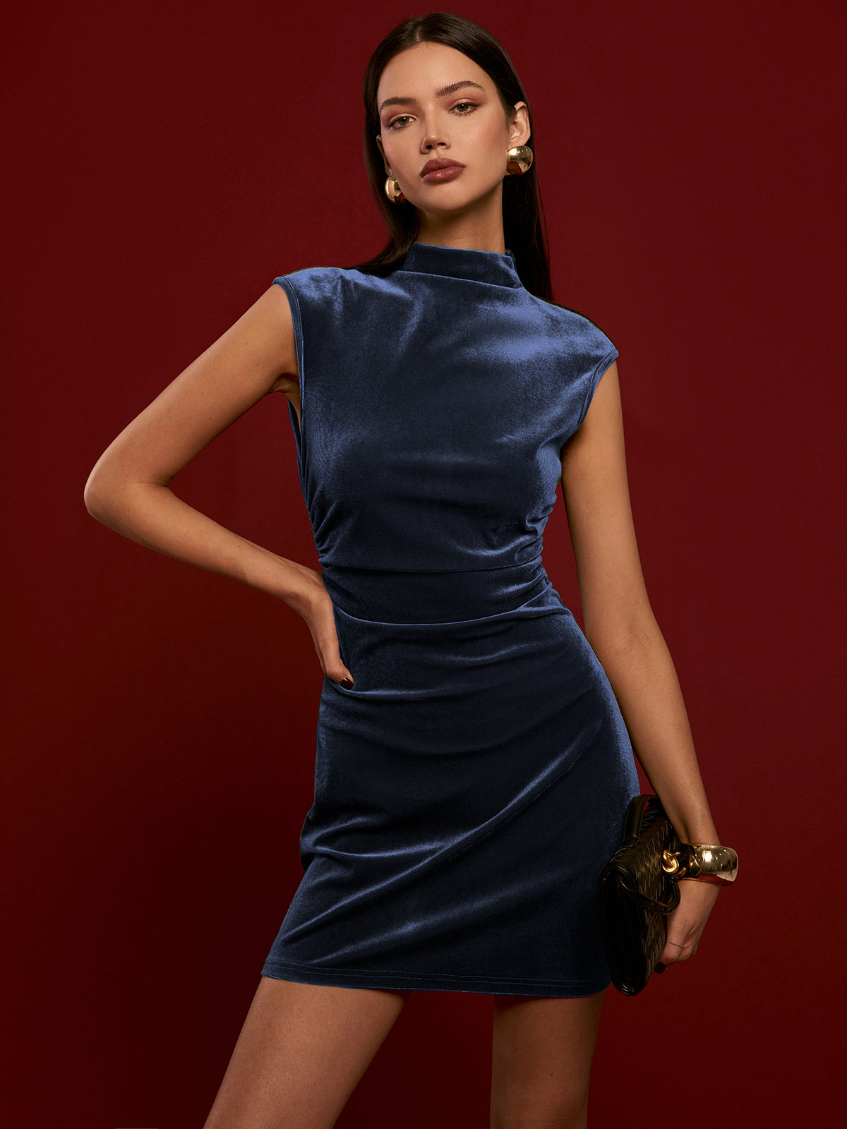 Mock Neck Sleeveless Velvet Dress-Massicos