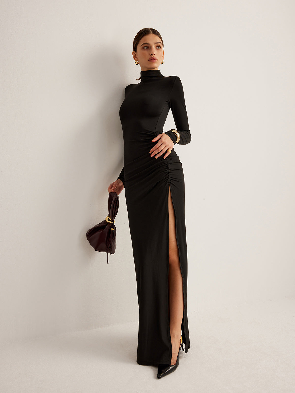 Stand-Collar Pleated Slit Jersey Dress-Massicos