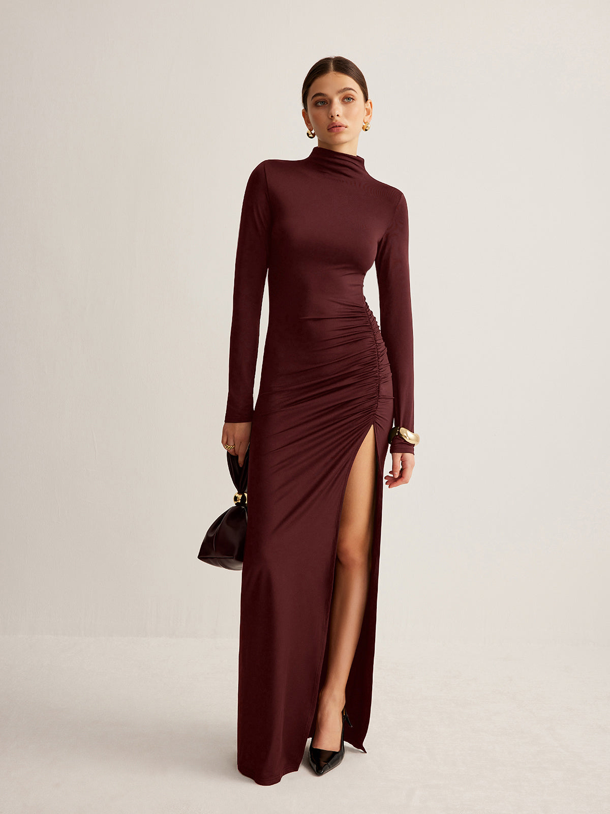 Stand-Collar Pleated Slit Jersey Dress-Massicos