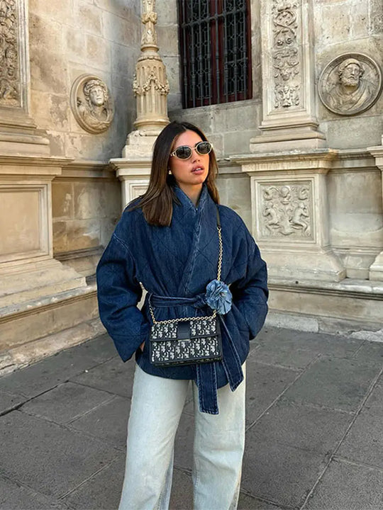 Denim Lace-Up Lapel Jacket-CALLISTARI