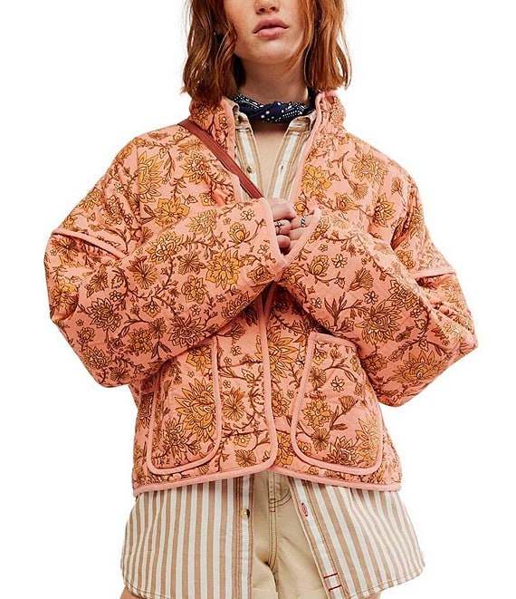 Floral Print Stand Collar Patchwork Jacket-CALLISTARI