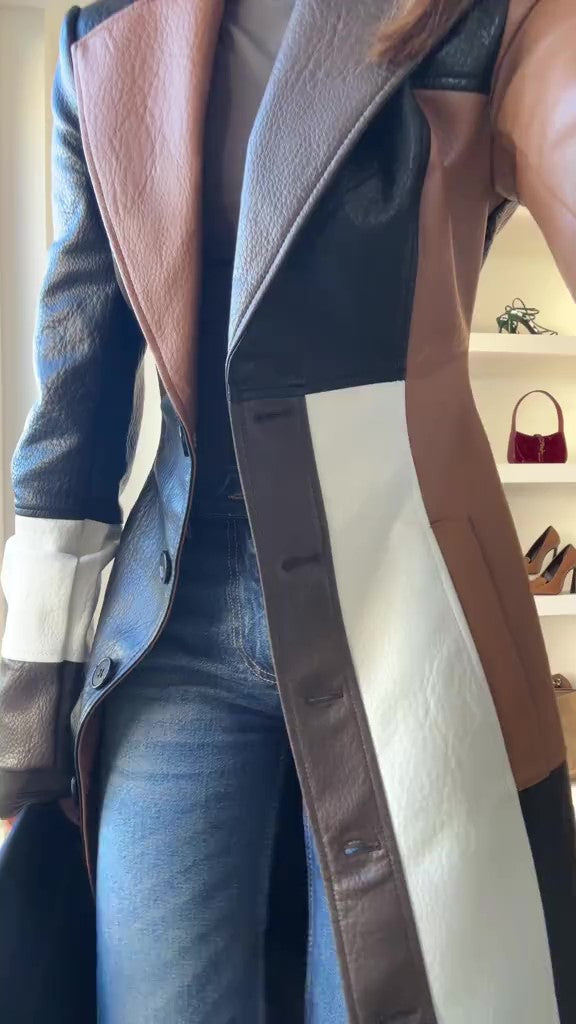 Color Blocked Leather Trench Coat-Massicos