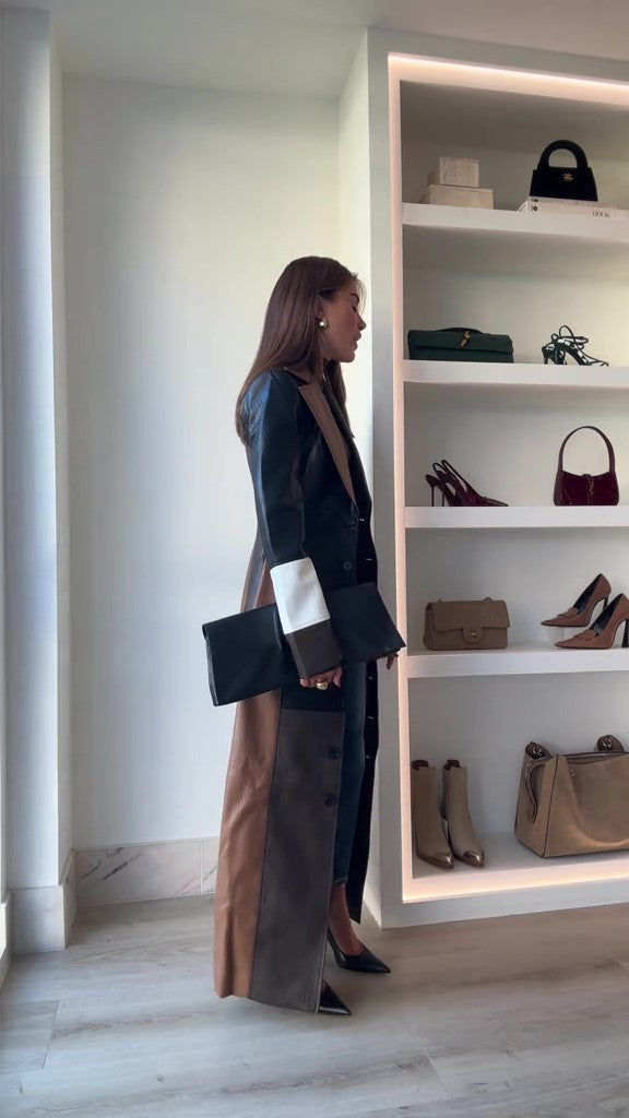 Color Blocked Leather Trench Coat-Massicos