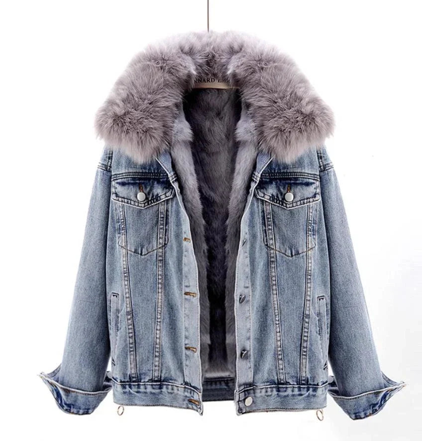 Light blue fur-lined hooded denim jacket-Massicos