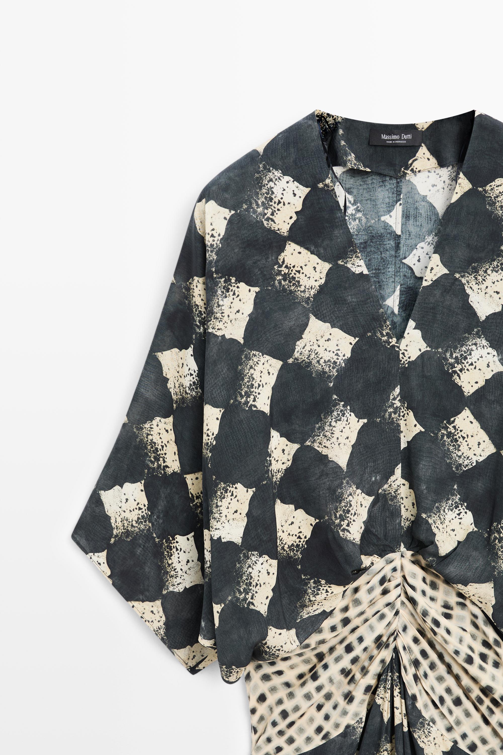 Black Geometric Print V-Neck Belted Kaftan Dress