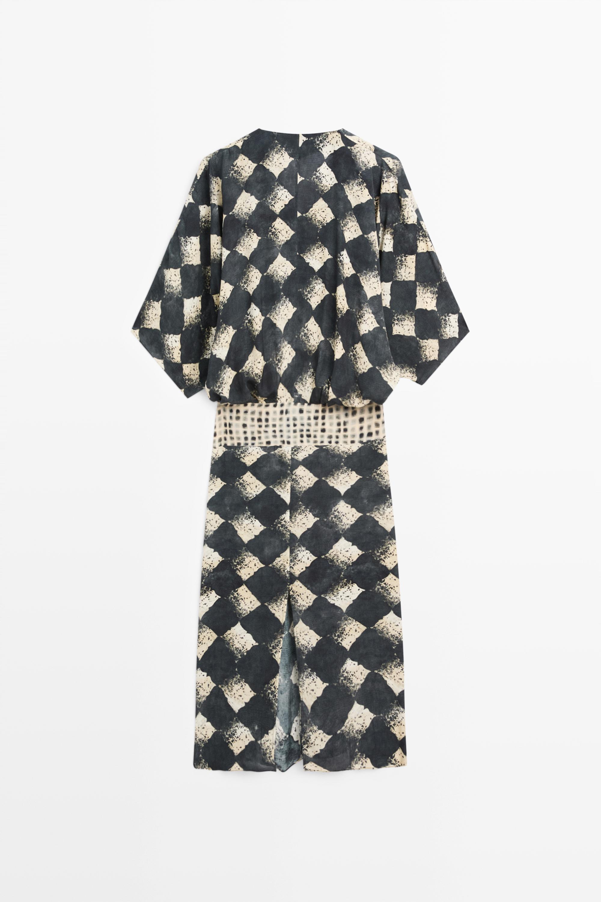 Black Geometric Print V-Neck Belted Kaftan Dress