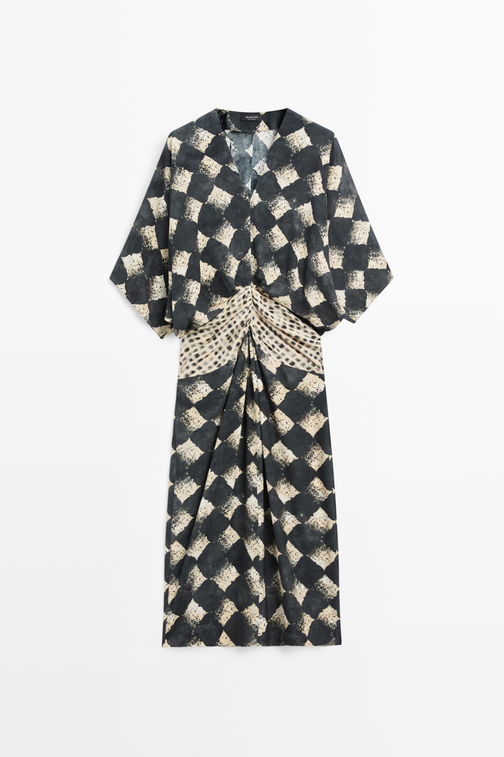 Black Geometric Print V-Neck Belted Kaftan Dress