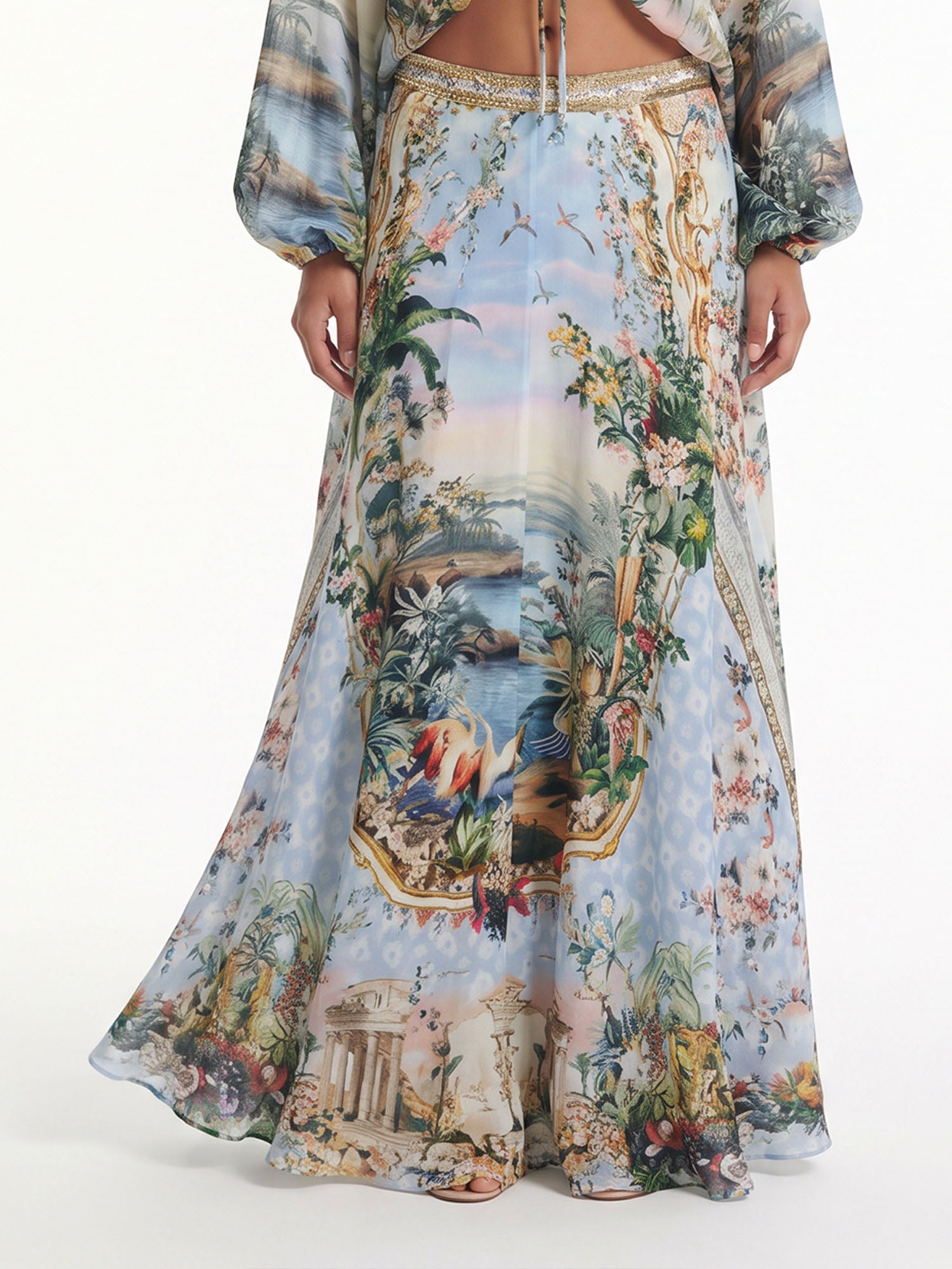 Light Blue Botanical Print Resort Skirt Set
