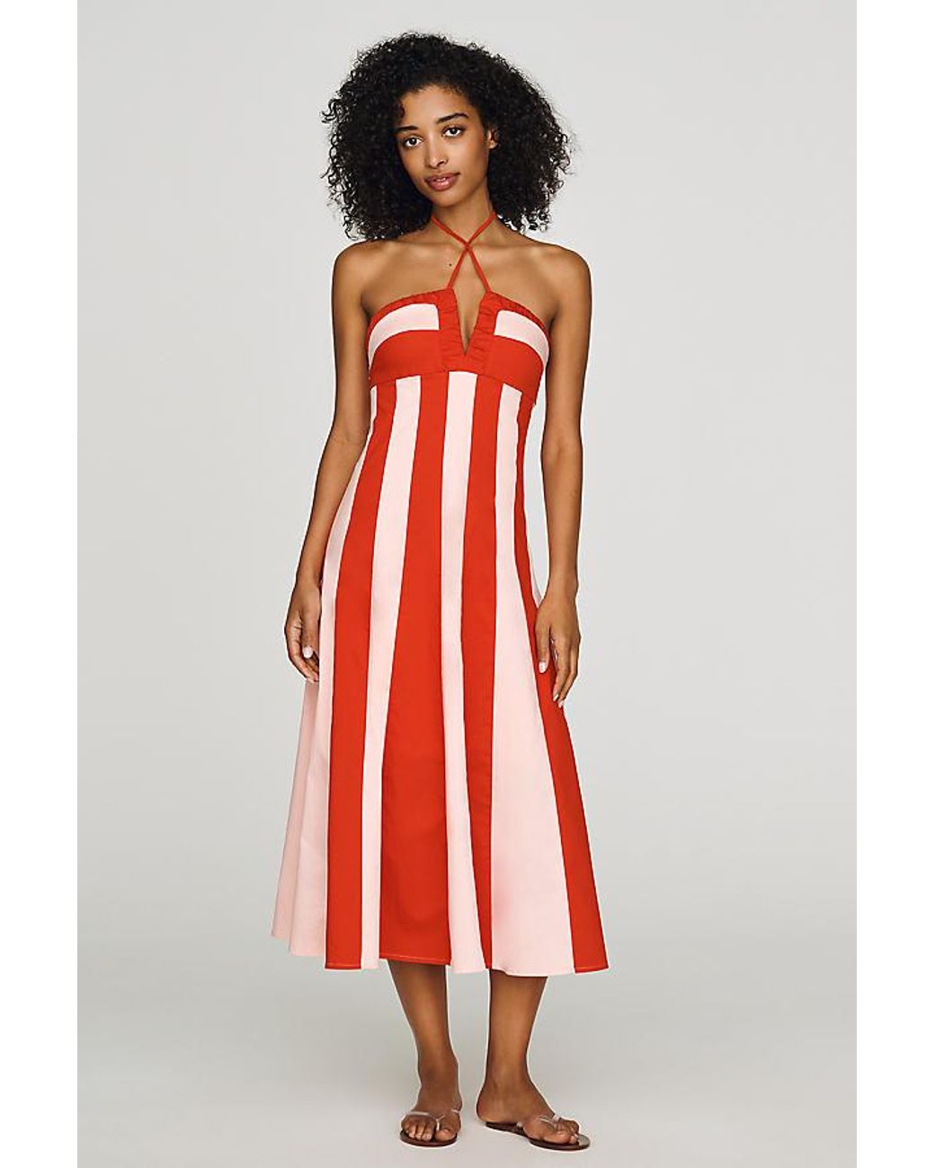 Red Refined Striped Midi Dress