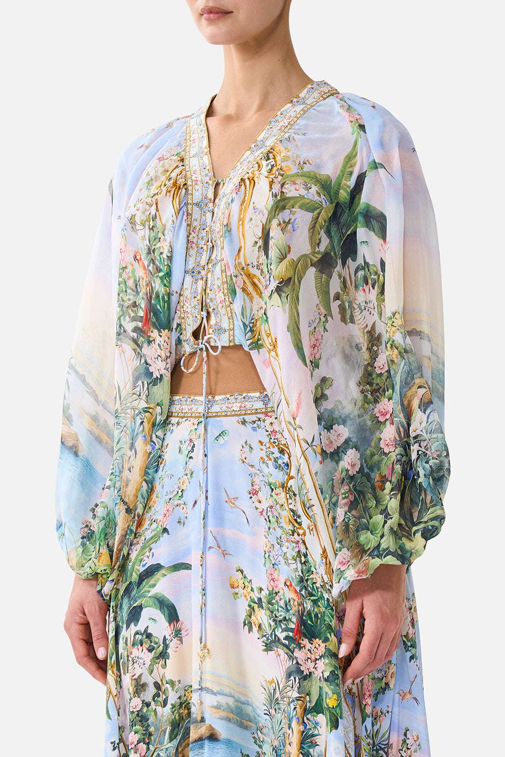 Light Blue Botanical Print Resort Skirt Set