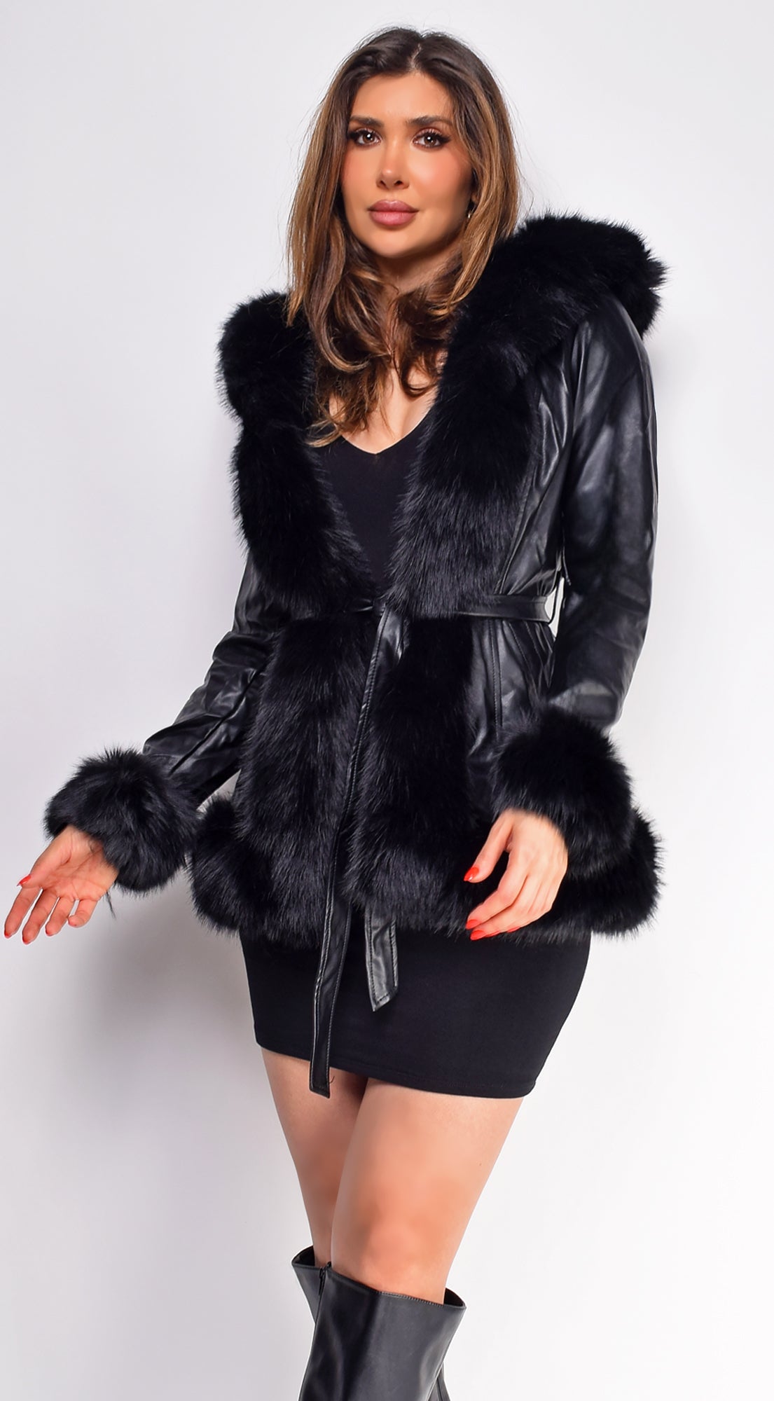 Sasha Black PU Leather Faux Fur Trim Coat-CALLISTARI