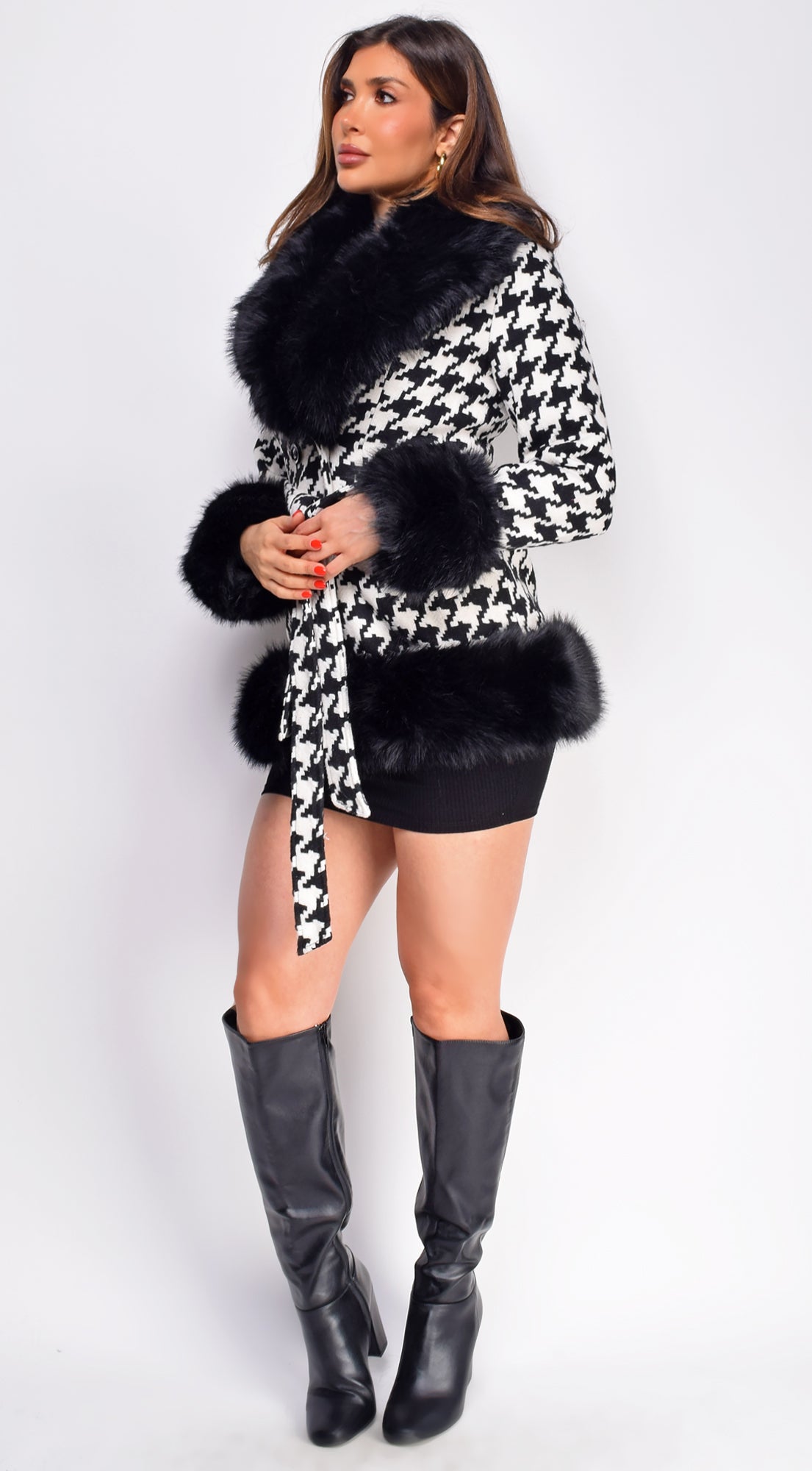 Elizaveta Black Plaid Faux Fur Wool Coat-CALLISTARI