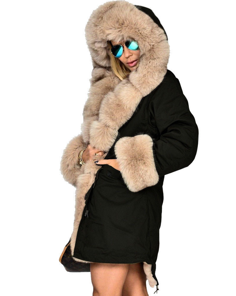 Callistari Womens Button Parka Anorak Hoodies Winter Long Fur Lining Coats Jackets Overcoat Outwear-CALLISTARI