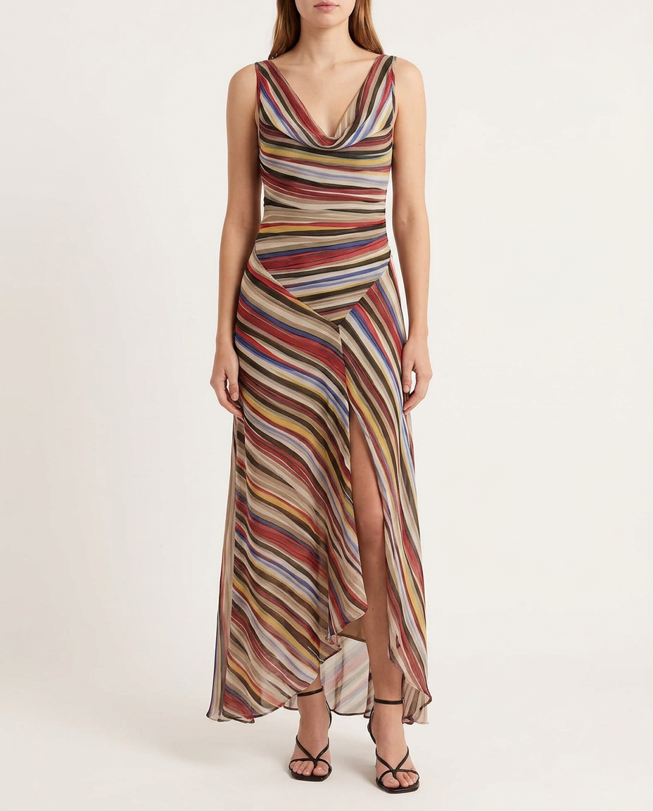 Multi-Color Refined Striped Midi Dress