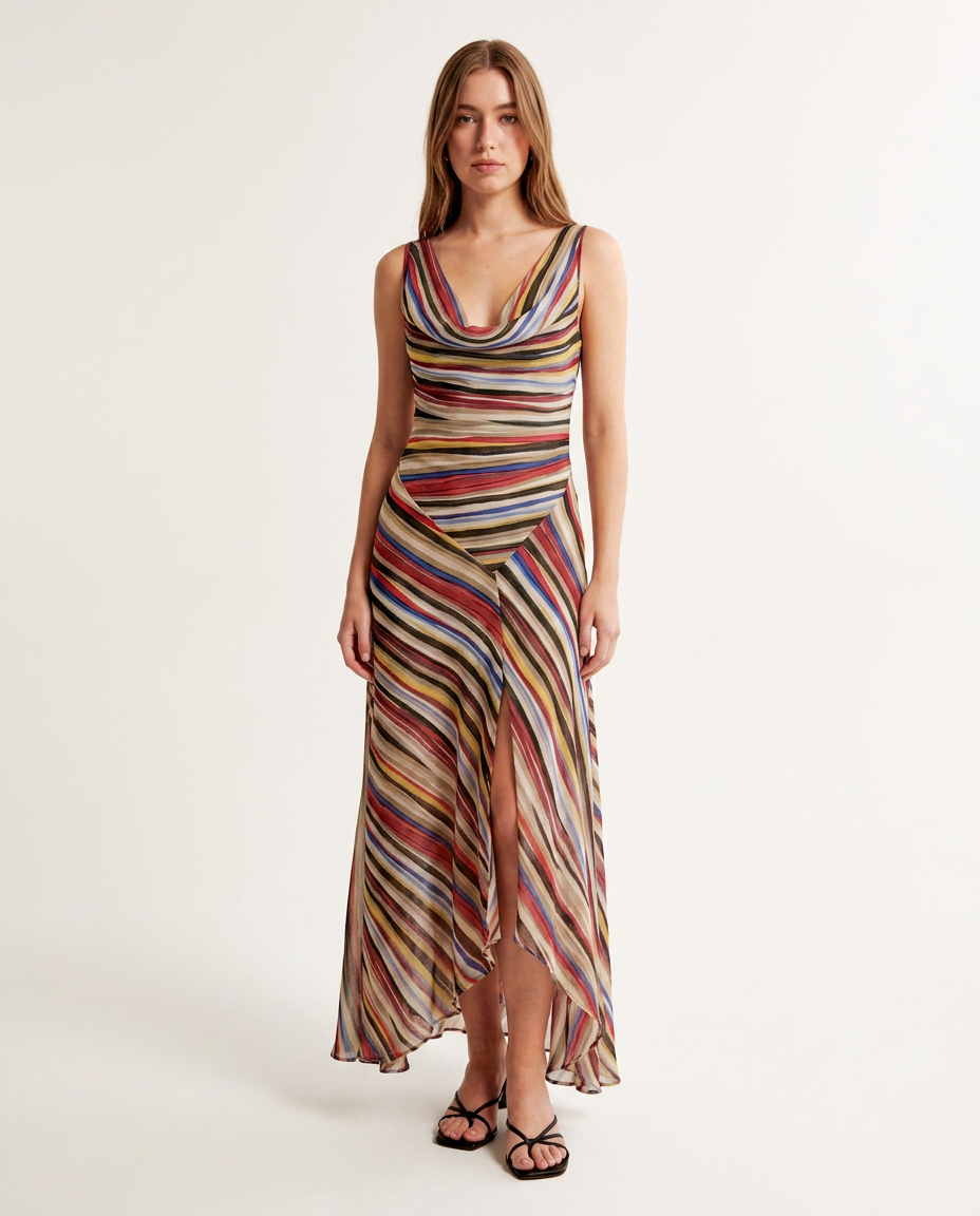 Multi-Color Refined Striped Midi Dress