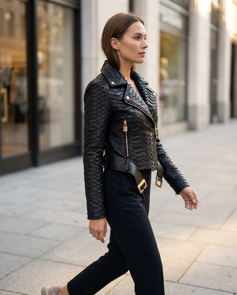 Dark Grey Crocodile Embossed Leather Jacket