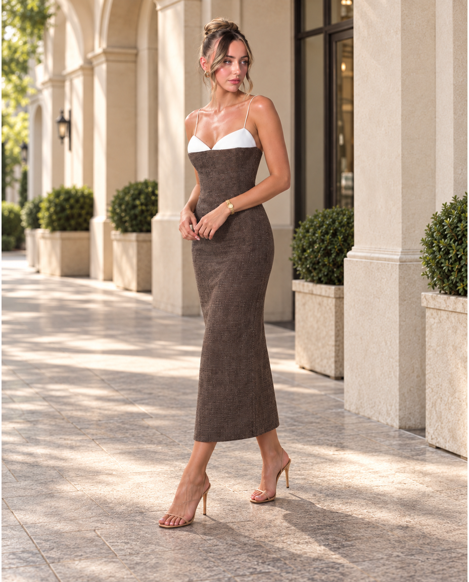 Beige Refined Textured Midi Dress