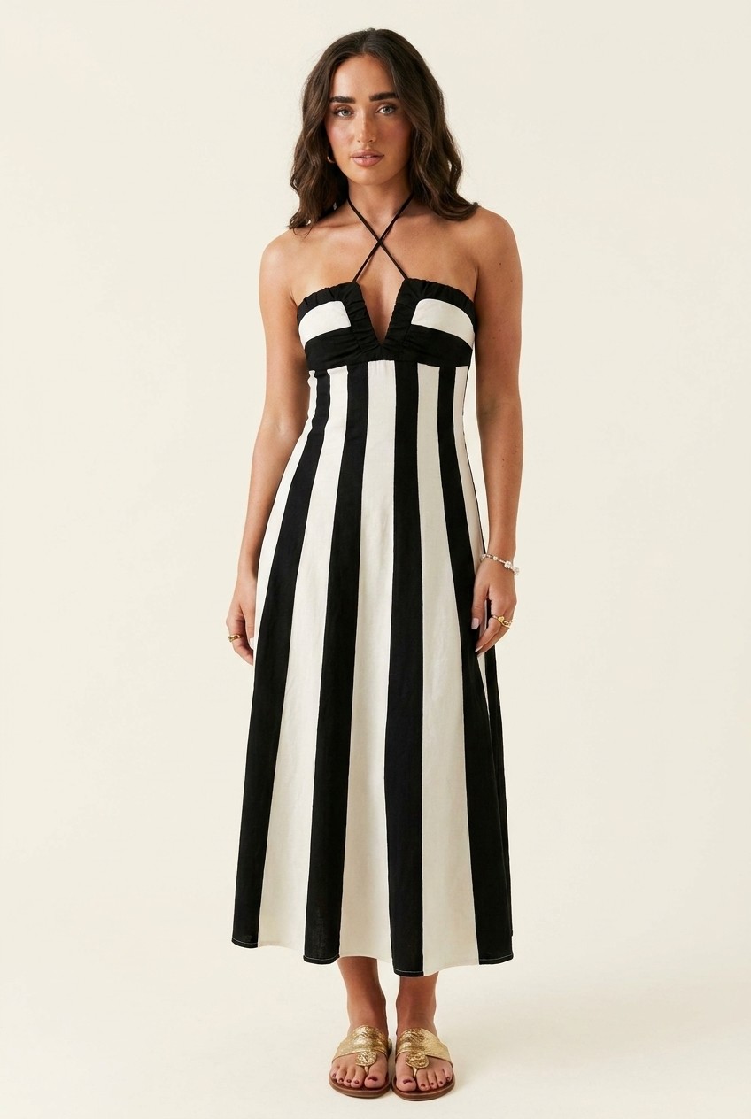 Black Striped Halter Striped Pattern Midi Dress