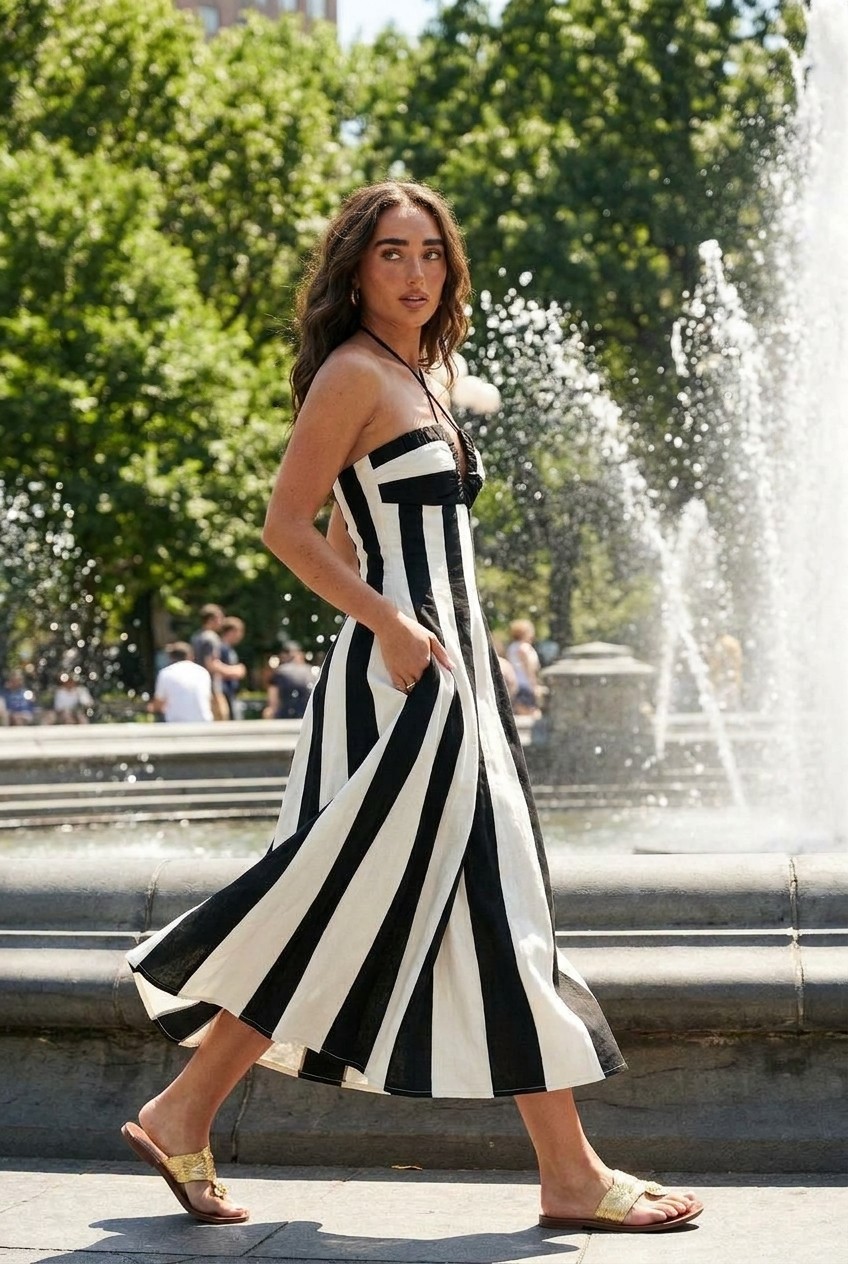 Black Striped Halter Striped Pattern Midi Dress