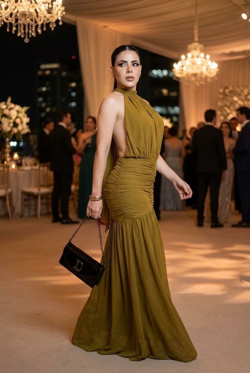 Mustard Backless Open-Back Halter Maxi Dress