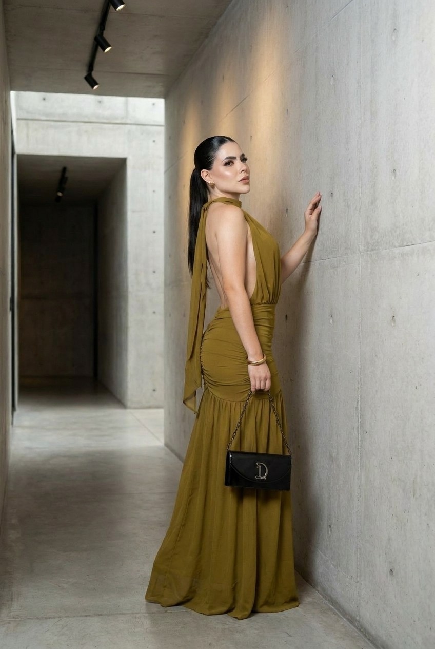 Mustard Backless Open-Back Halter Maxi Dress