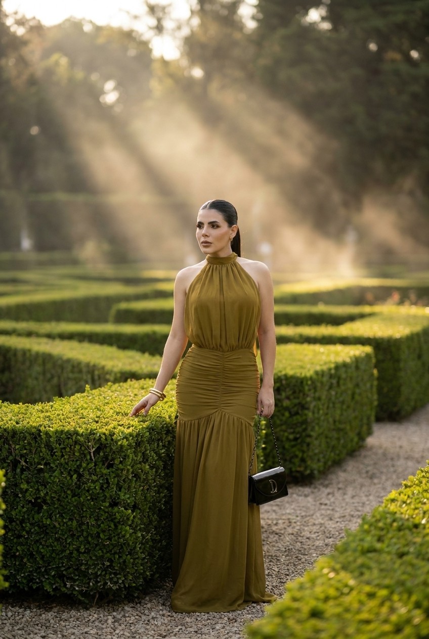 Mustard Backless Open-Back Halter Maxi Dress
