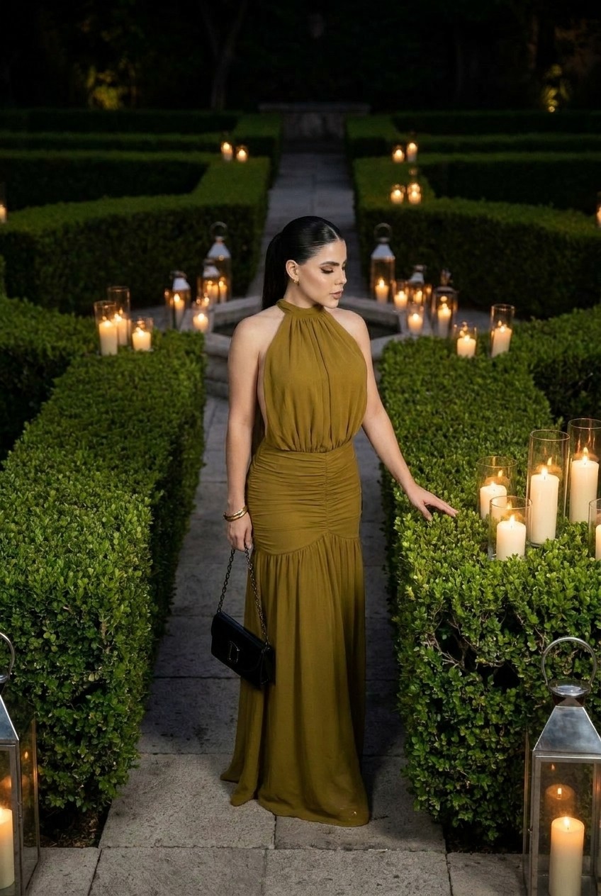 Mustard Backless Open-Back Halter Maxi Dress