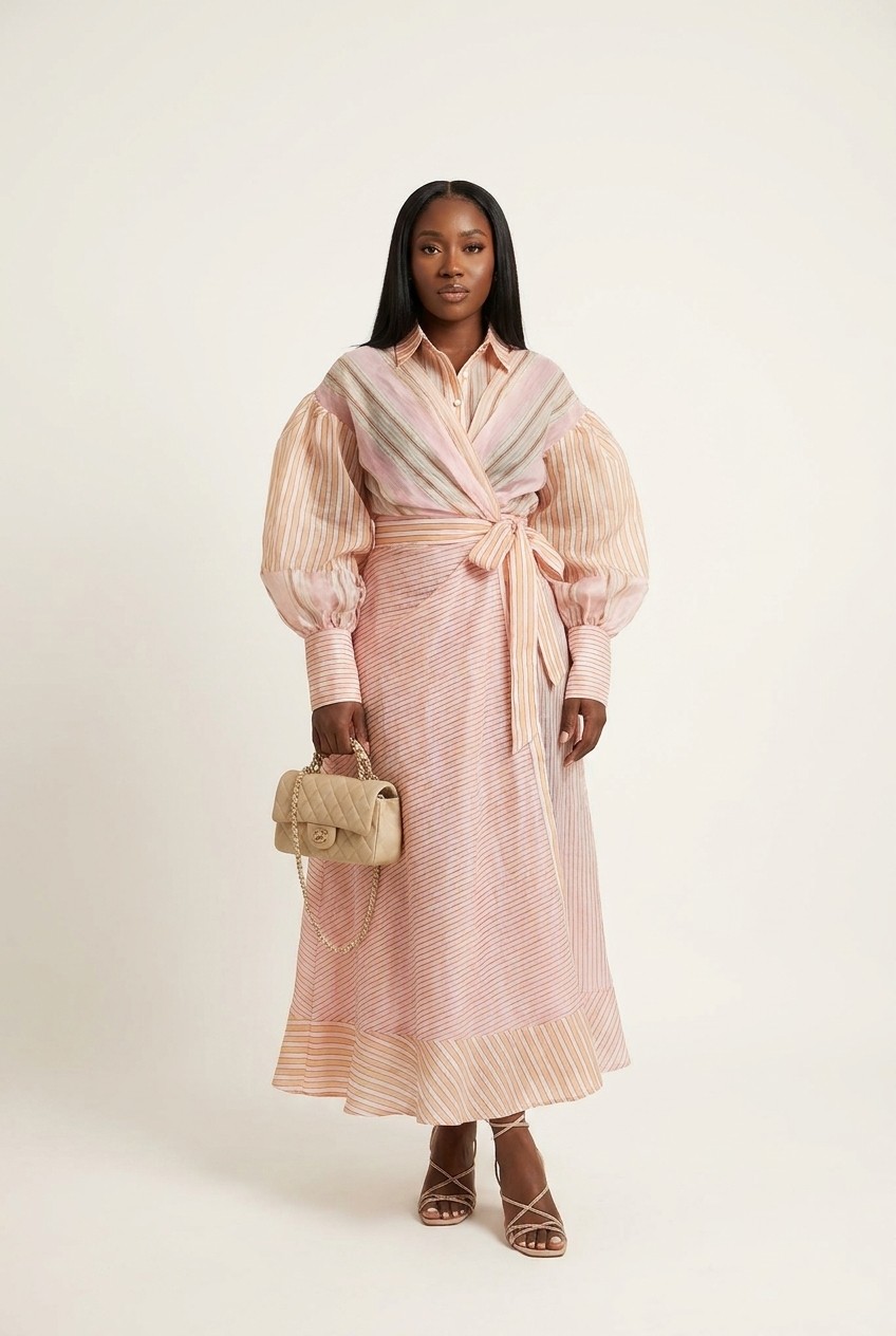 Pink Striped Wrap Belted Maxi Dress