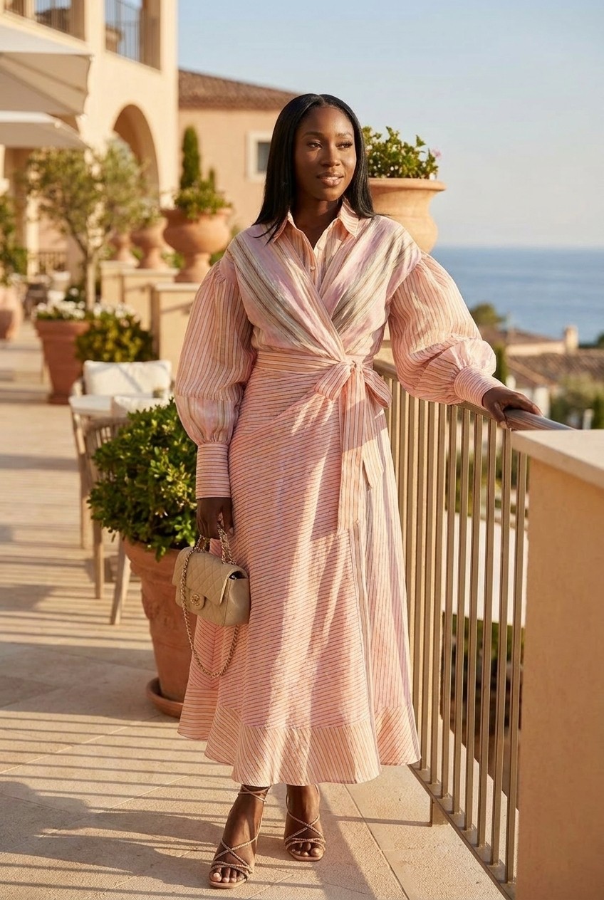 Pink Striped Wrap Belted Maxi Dress