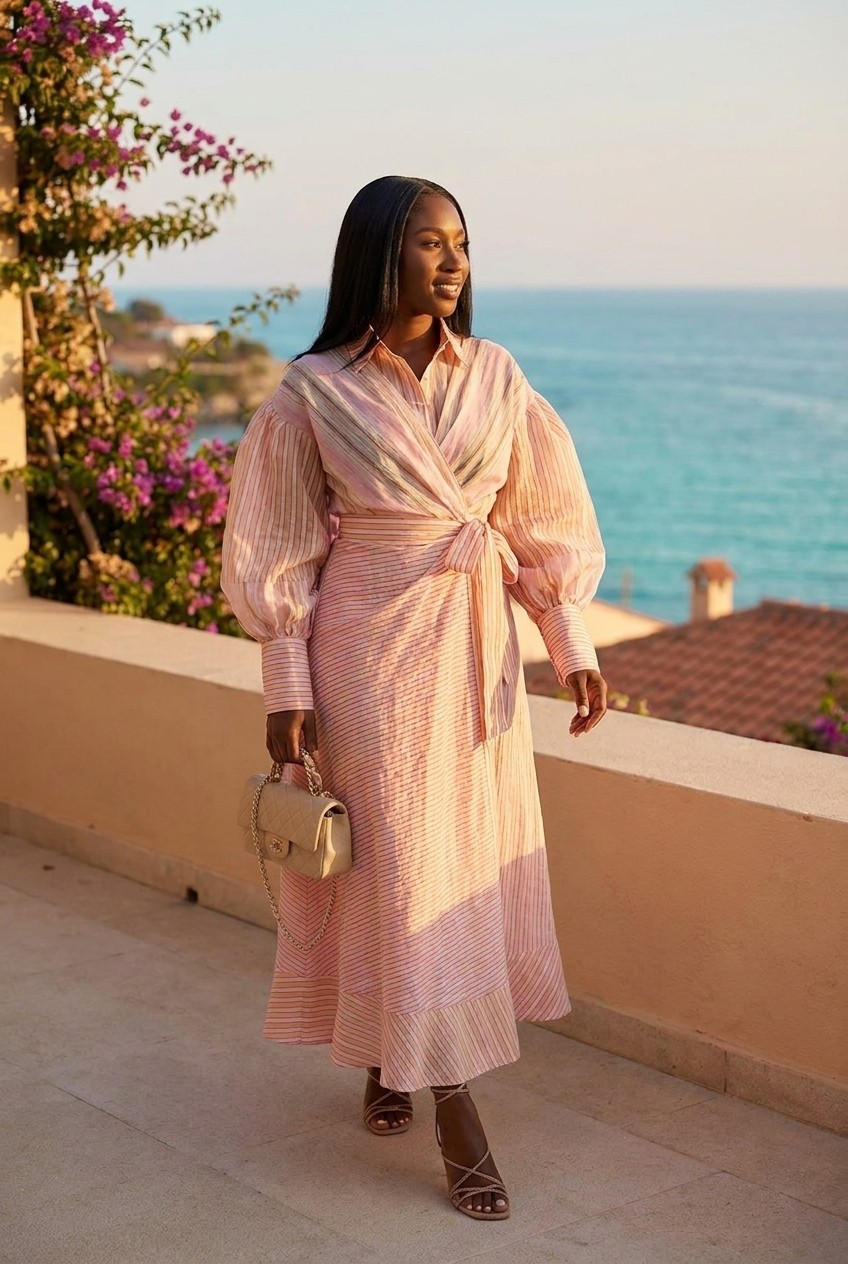 Pink Striped Wrap Belted Maxi Dress