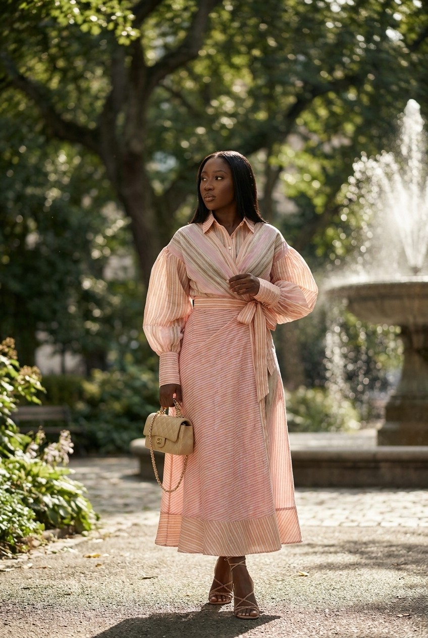 Pink Striped Wrap Belted Maxi Dress