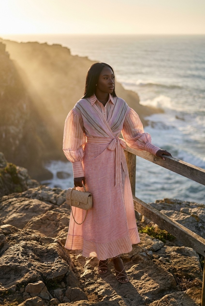 Pink Striped Wrap Belted Maxi Dress