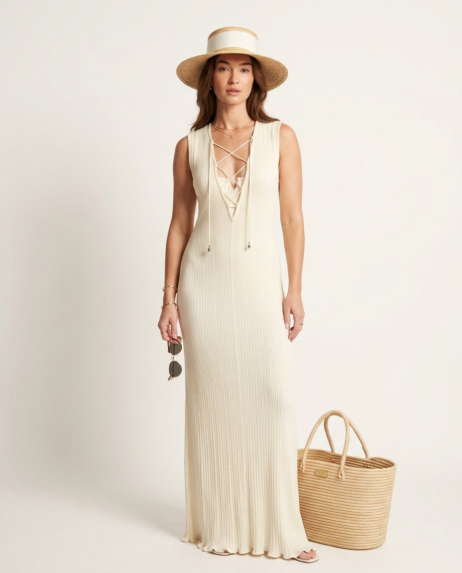Ivory Glow Resort Lace Maxi Dress Ivory Maxi Dress with Relaxed Fit silhouette and Textured texture, clean studio product view for Resort Wear, an estate dinner at golden hour, US East / Hamptons Elite