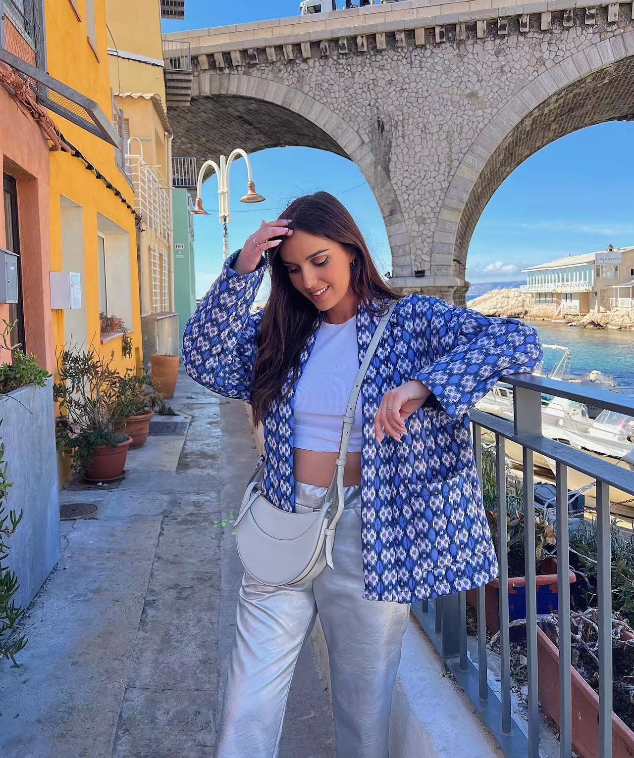 Geometric Pattern Floral Print Pockets Quilted Jacket-CALLISTARI