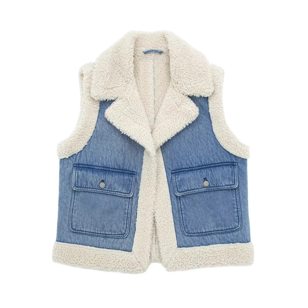 Denim Imitation Wool Waistcoat-Massicos
