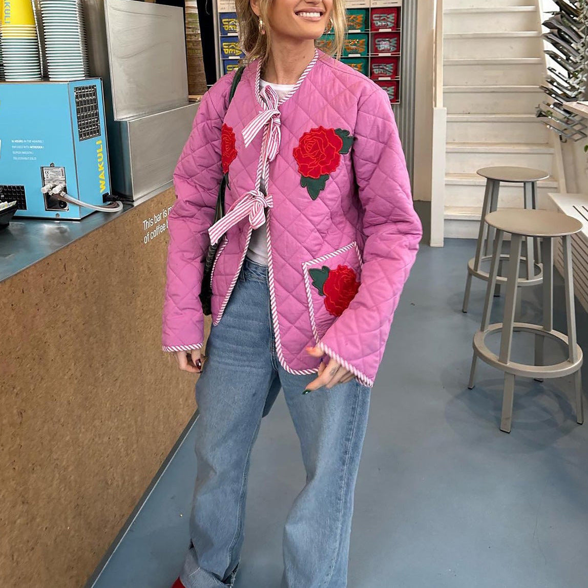 Rose Print Bow Pink Thin Jacket-CALLISTARI