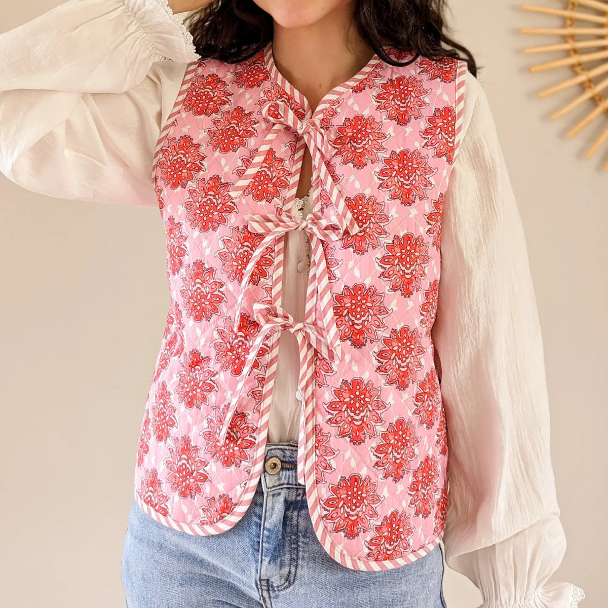 Pink Floral Print Lace-Up Quilted Thin Waistcoat-CALLISTARI