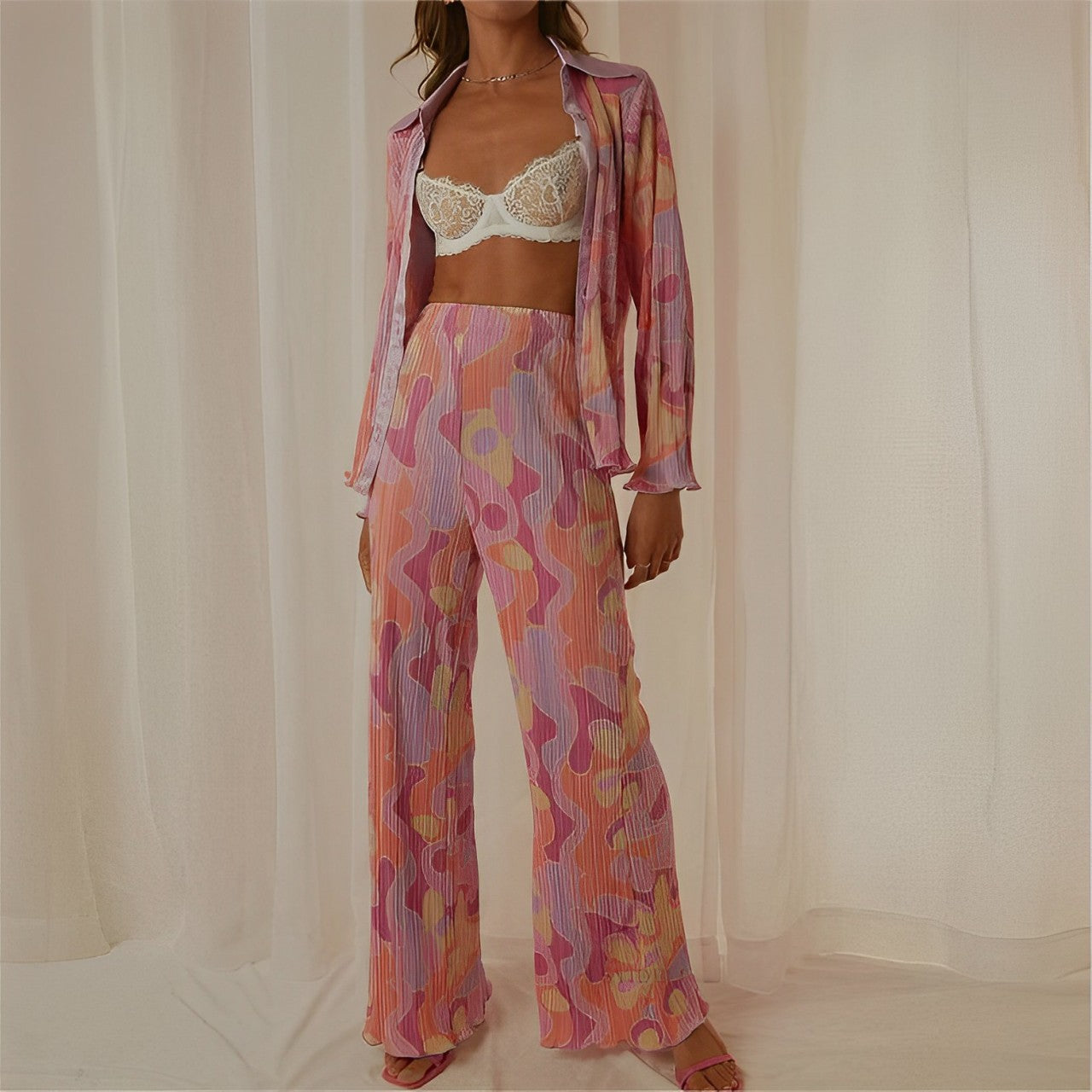 Pleated Printed Lapel Long-sleeved Shirt Pants Set-Massicos