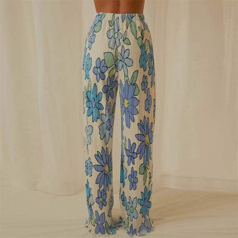 Pleated Printed Lapel Long-sleeved Shirt Pants Set-Massicos