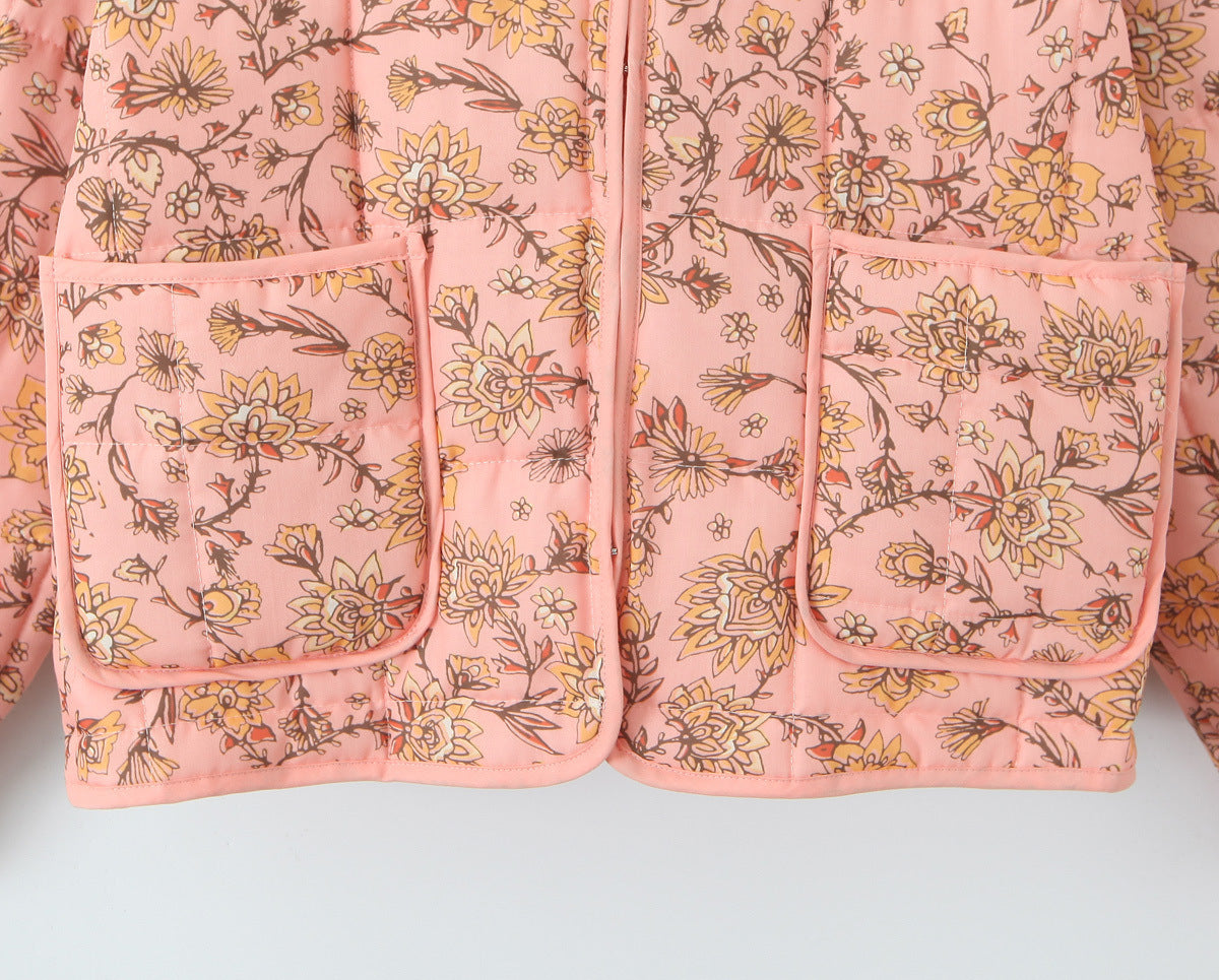 Floral Print Stand Collar Patchwork Jacket-CALLISTARI