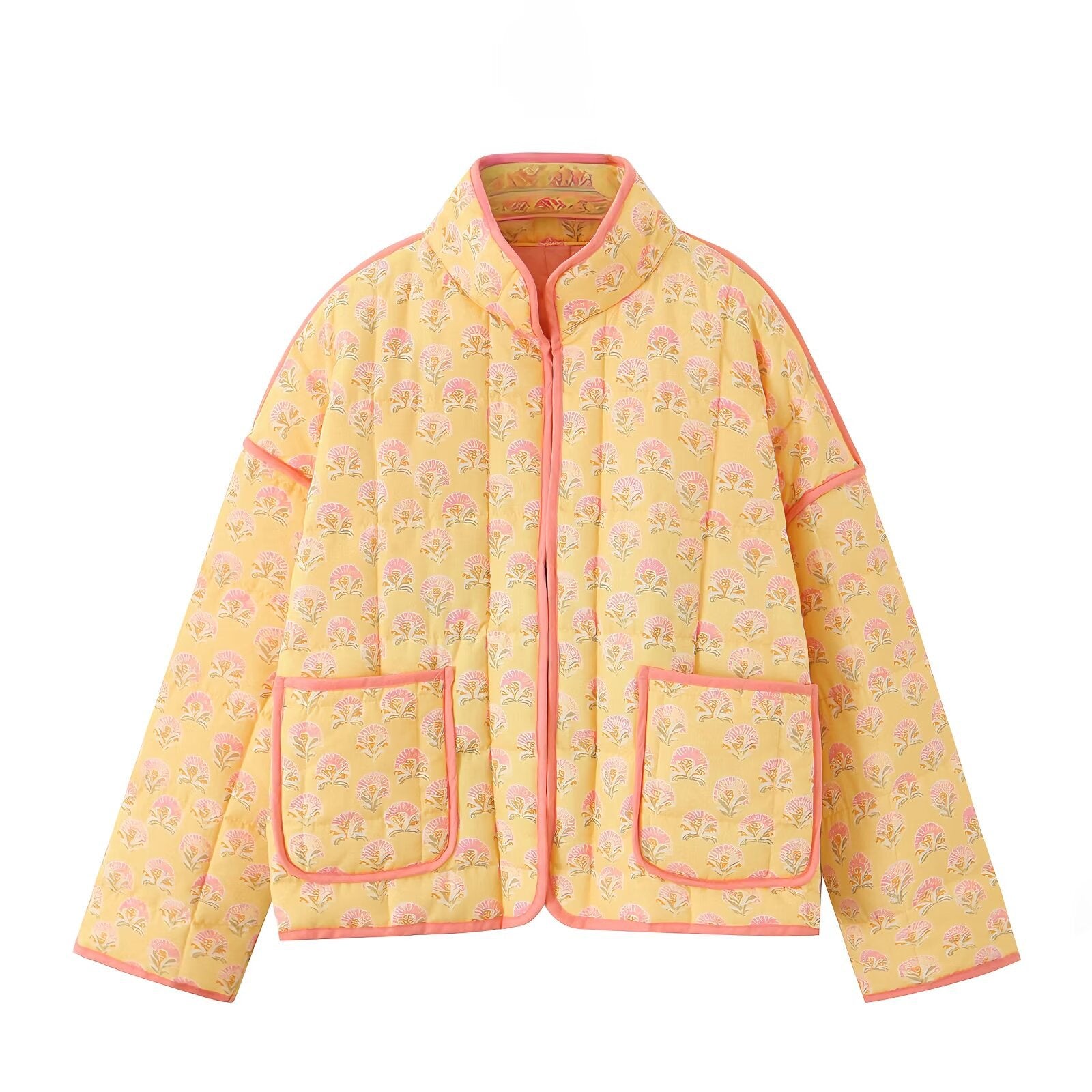 Floral Print Stand Collar Patchwork Jacket-CALLISTARI