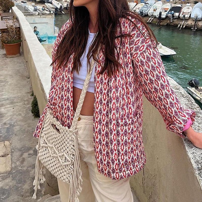 Geometric Pattern Floral Print Pockets Quilted Jacket-CALLISTARI