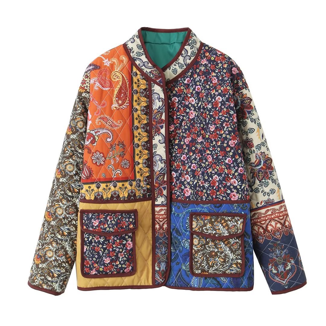 Ethnic Style Pattern Print Multi-Color Quilted Jacket-CALLISTARI