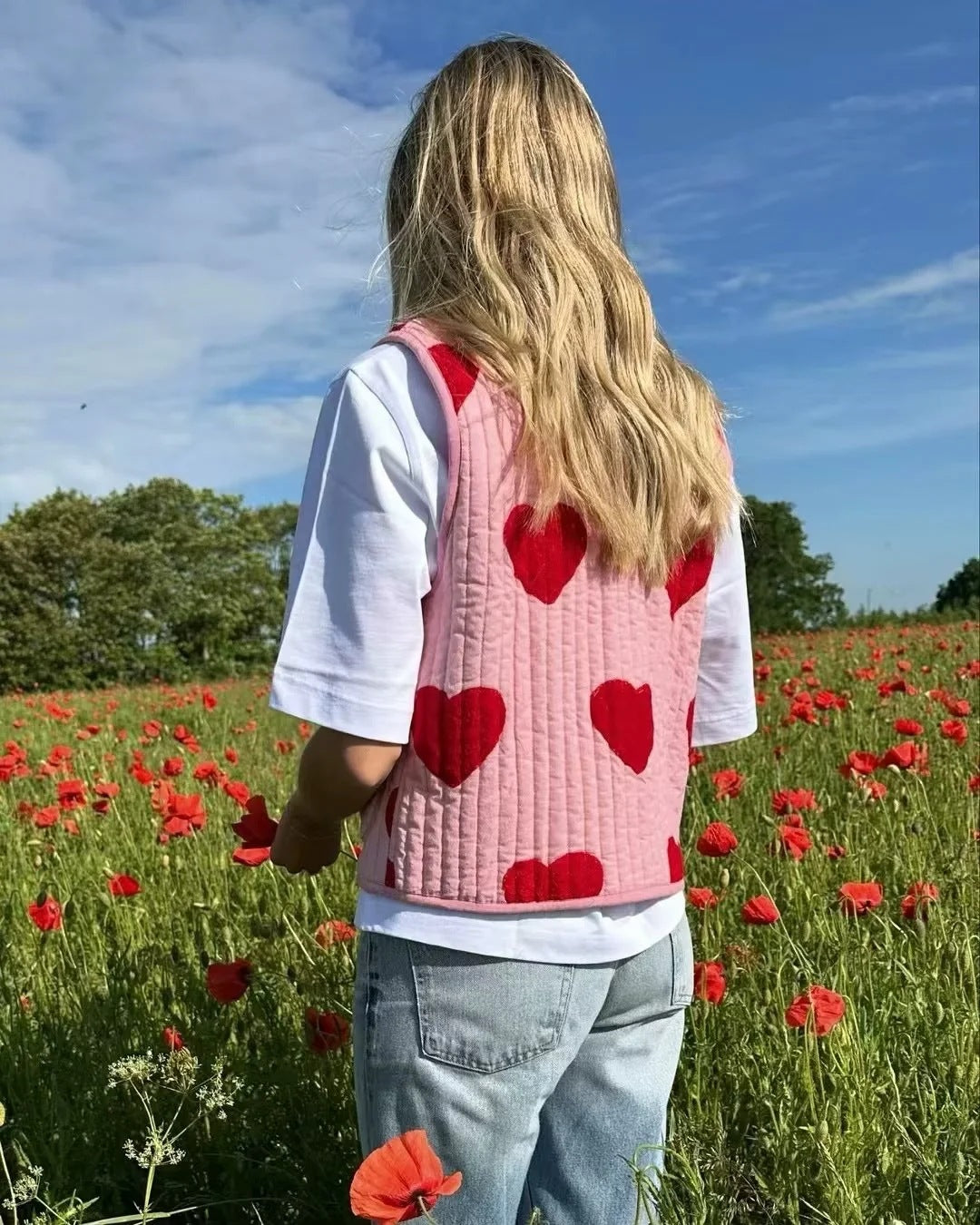Heart Print Sleeveless Pink Bow V-neck Waistcoat-Massicos