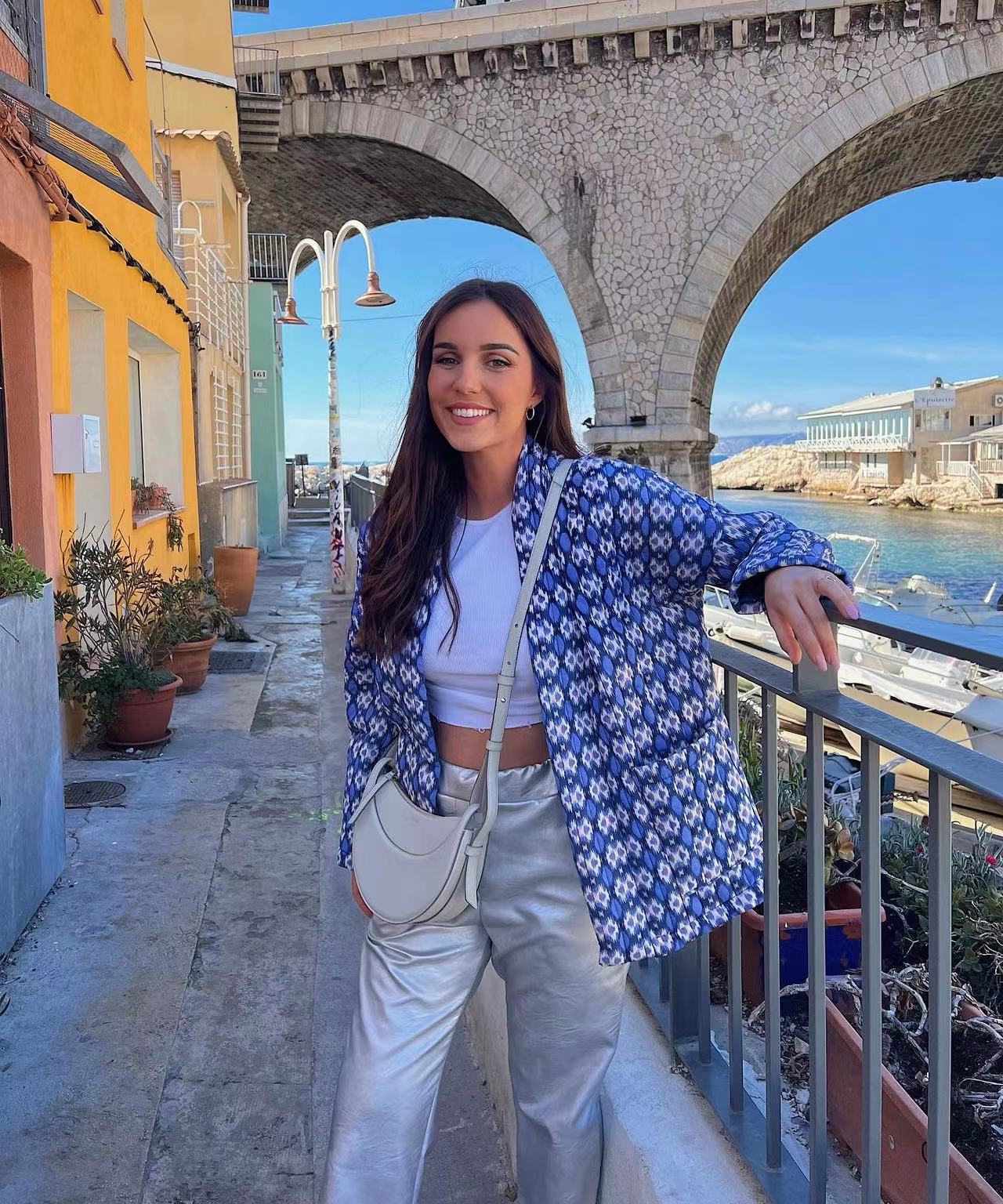 Geometric Pattern Floral Print Pockets Quilted Jacket-CALLISTARI